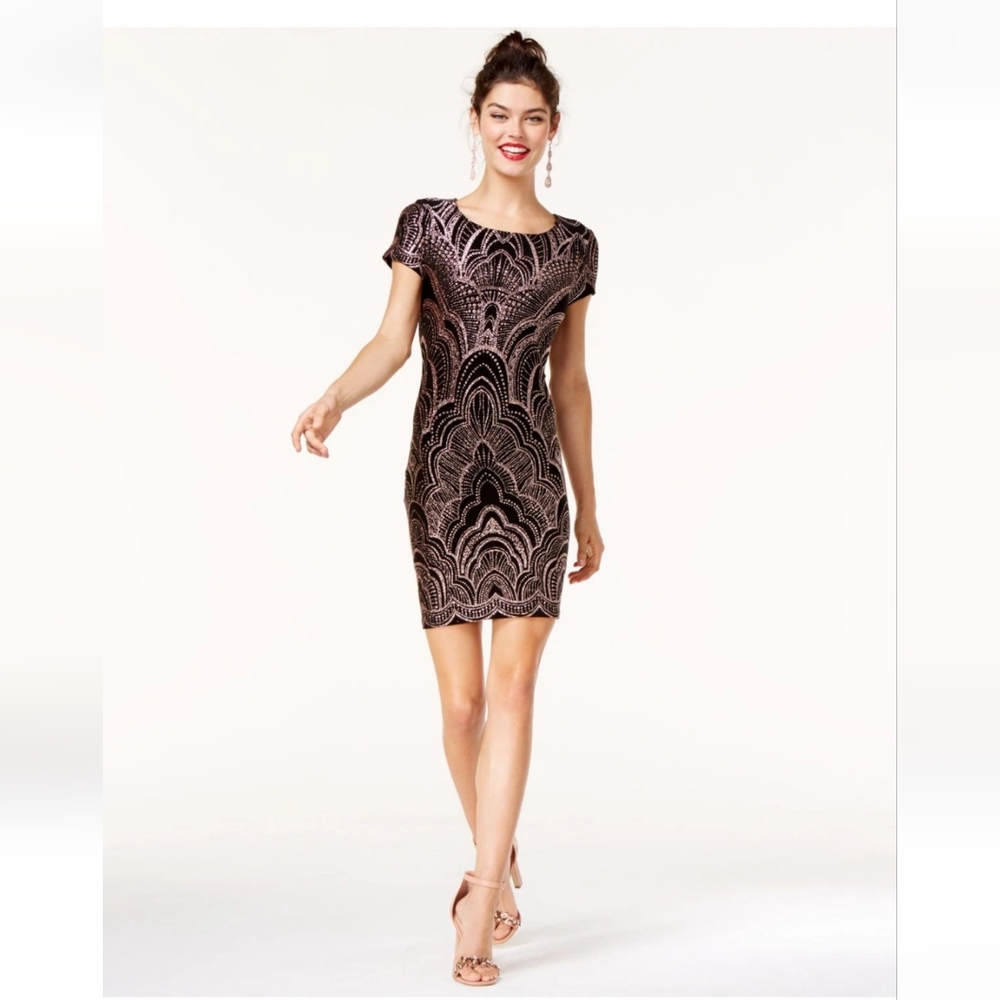 JUMP Womens Black Sheath Dress, Glitter Print Pattern, Size XS
